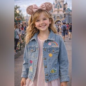 Disney Girls Denim Jacket Rainbow Castle Patches Size 9/10